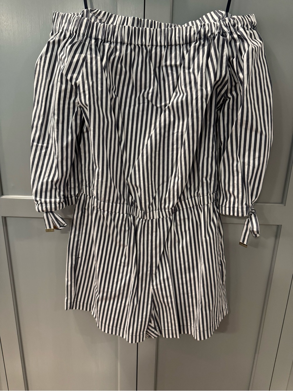 MICHAEL Michael Kors Striped Off Shoulder Romper Navy White Size Medium